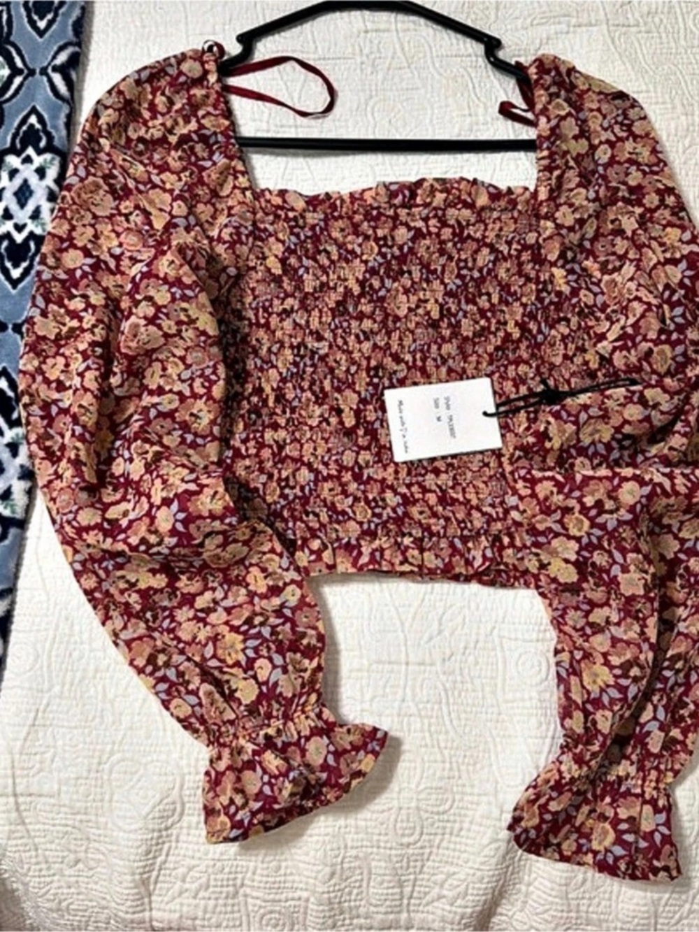 Floral Cropped Blouse in Red & Brown NWT